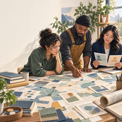 Workers studying occupations, skills, and possible career paths around an atlas table